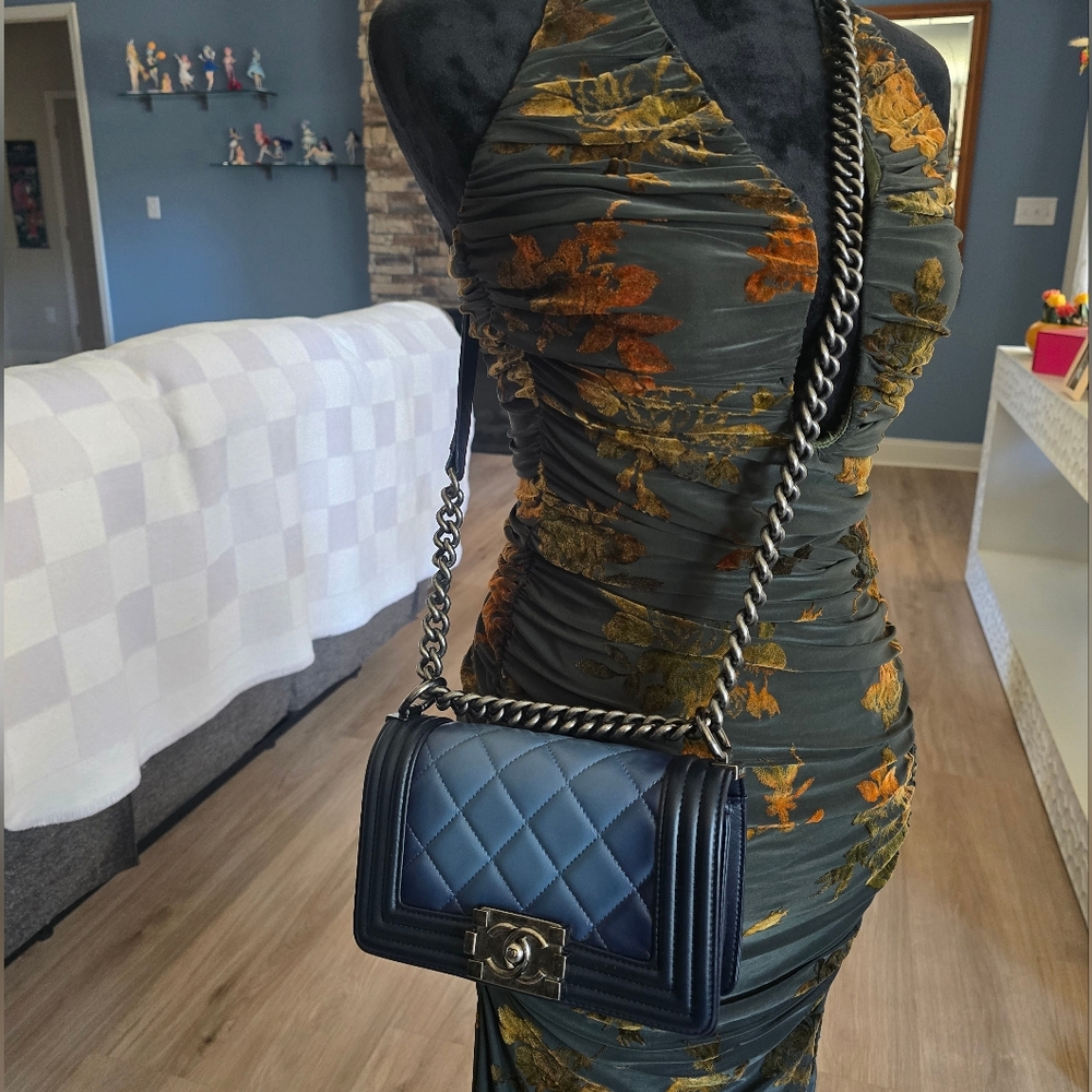Authentic Chanel Boy Quilted Ombre Calfskin Blue and Black Colors